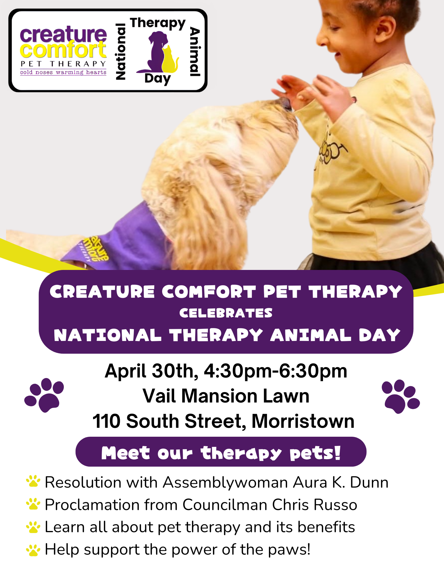 National Therapy Animal Day flyer from Creature Comfort
